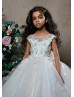 Beaded Ivory Lace Tulle Keyhole Back Long Flower Girl Dress